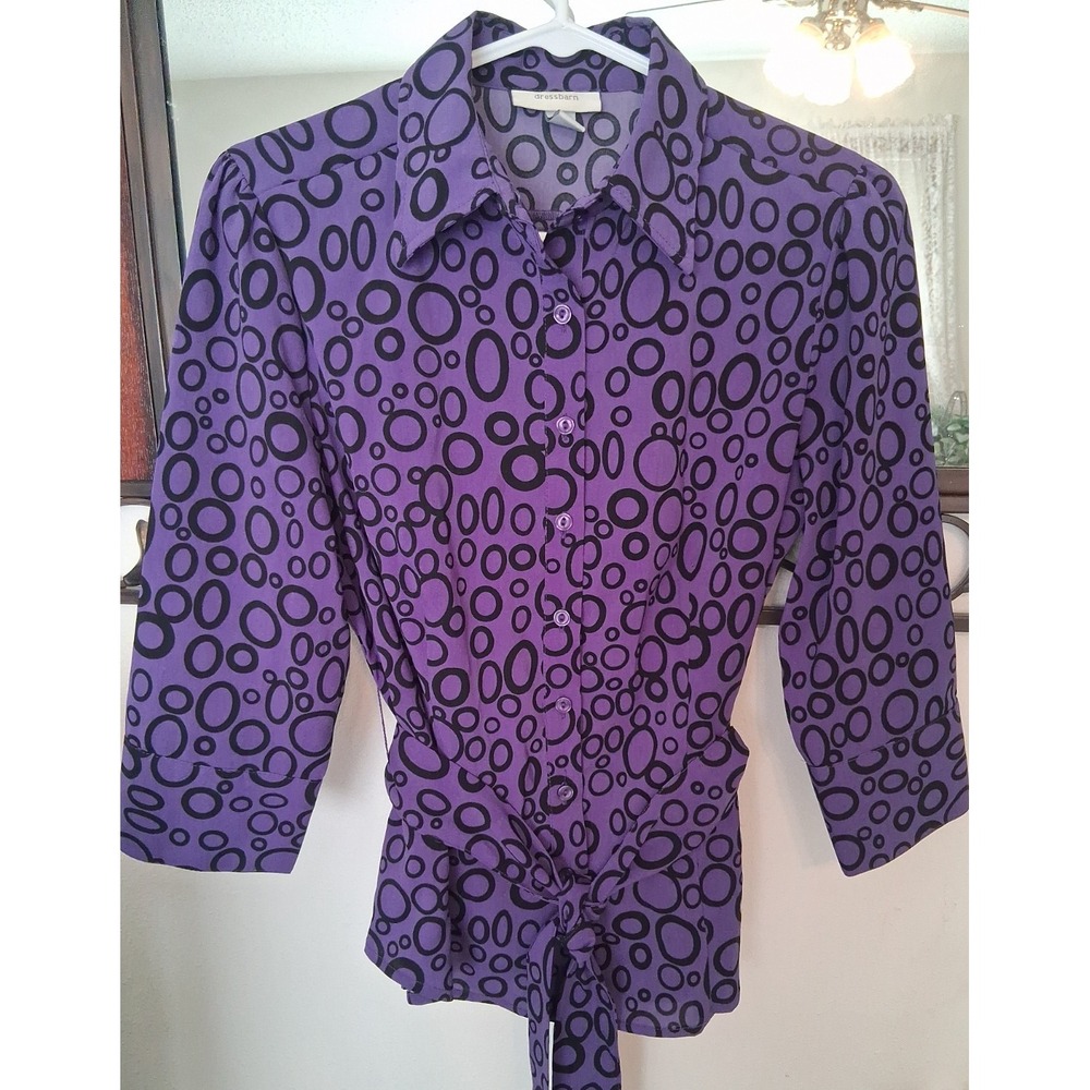 Dressbarn S Purple Black Button Front 3/4 Sleeve Collar Career Blouse Belted